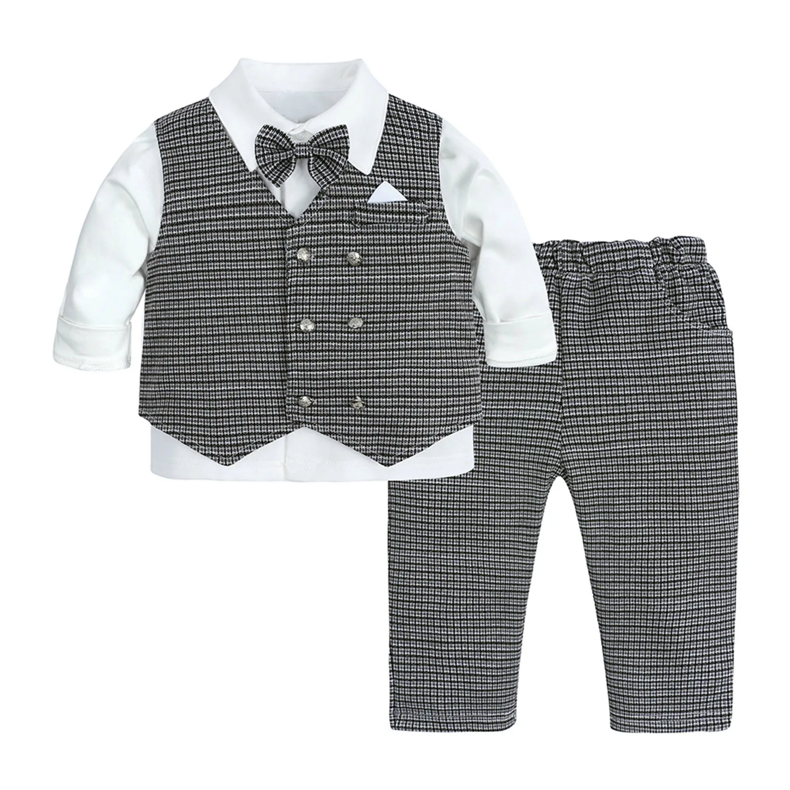 Newborn Baby Boy Gentleman Sets Bow Tie Toddler 3Pcs White Shirt Vest+Trousers Suit Formal Birthday Wedding Kids Boys Clothes