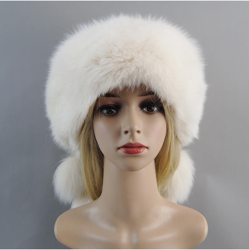 Russian Style Women Real Natural Fox Fur Cap With Fox Tail Fashion Lady Winter Thicken Warm Soft Fox Fur Bomber Hat Beanie Hat