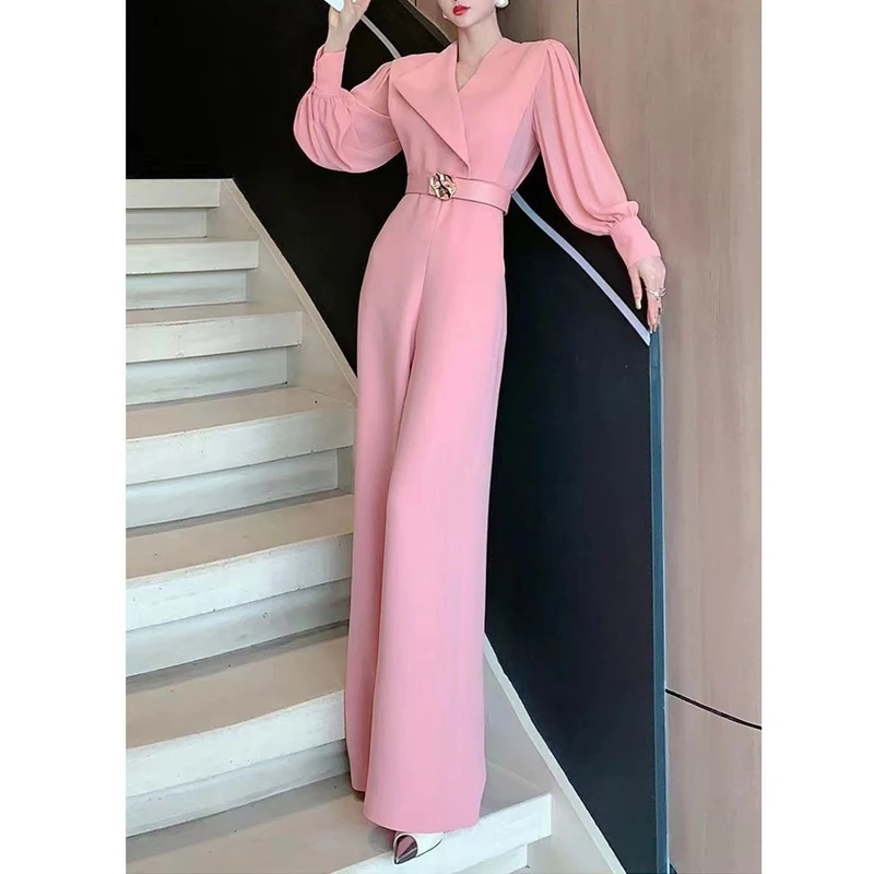 2024 New Spring Office Lady Fashion Elegant High Waist Belt Party Wide Leg Jumpsuits Women Long Sleeve Pink Loose Pocket Rompers