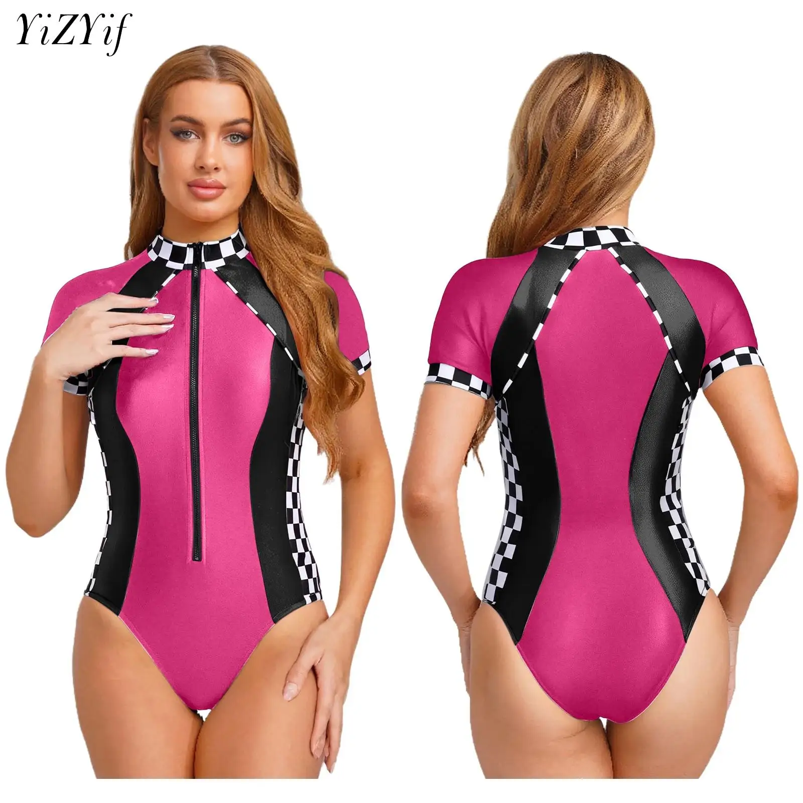

Women Sexy Race Car Driver Cosplay Costume Plaid Short Sleeve Racer Bodycon Jumpsuit Halloween Carnival Party Role Play Clubwear