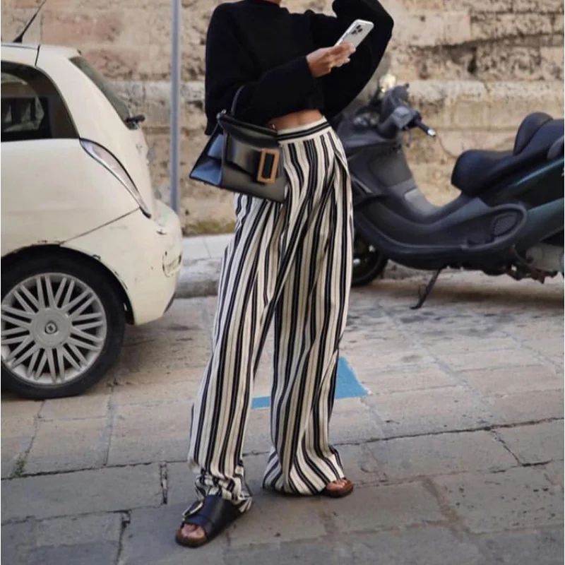 Women's Black and White Striped Wide-Leg Pants, Casual Slimming Pants, High Waist, Loose Drooping, Mop Trousers, New