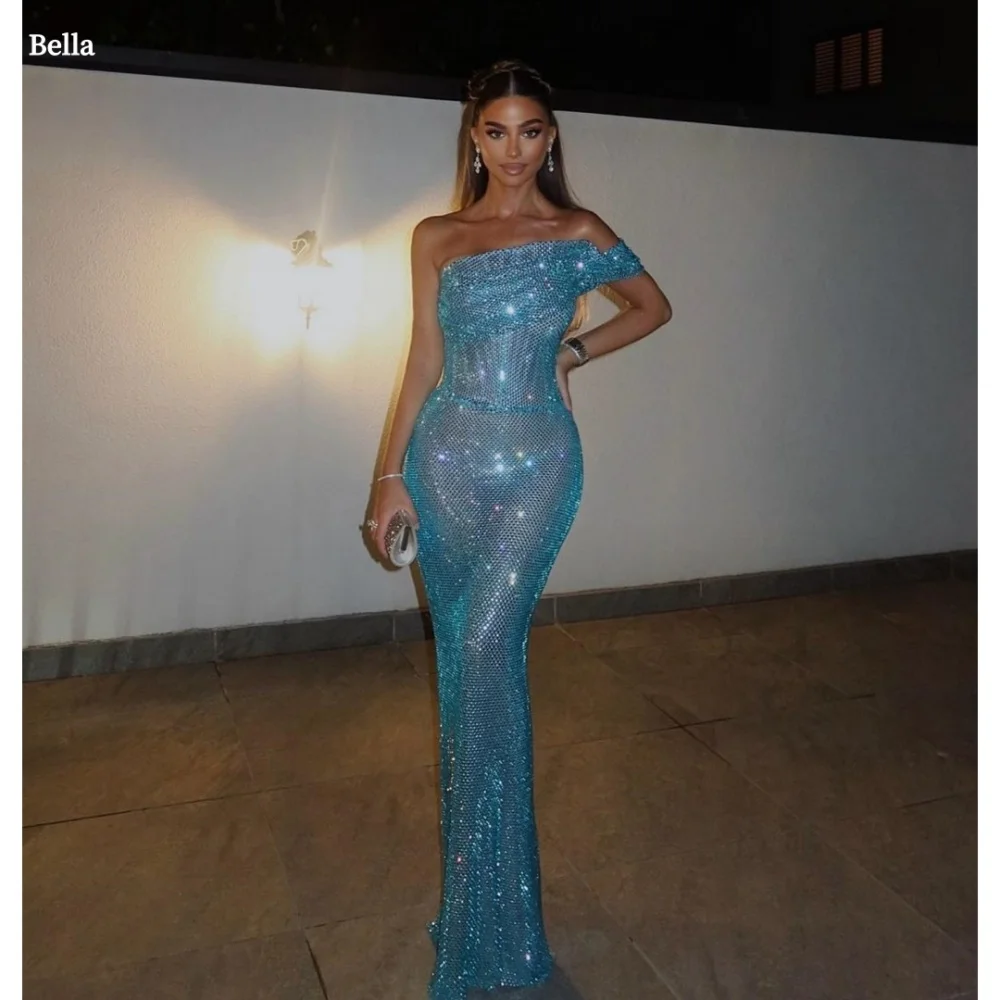 

Bella Customized Blue Slanted Shoulders Strapless robes de soirée Backless Sequin Party Dresses Floor-Length Prom Dress 2025