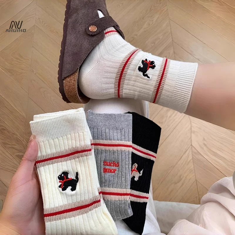 Cartoon Embroidery Cute Socks Women Casual Harajuku Streetwear Funny Dog Socks Japanese Fashion Girls Lolita Kawaii Socks Sox