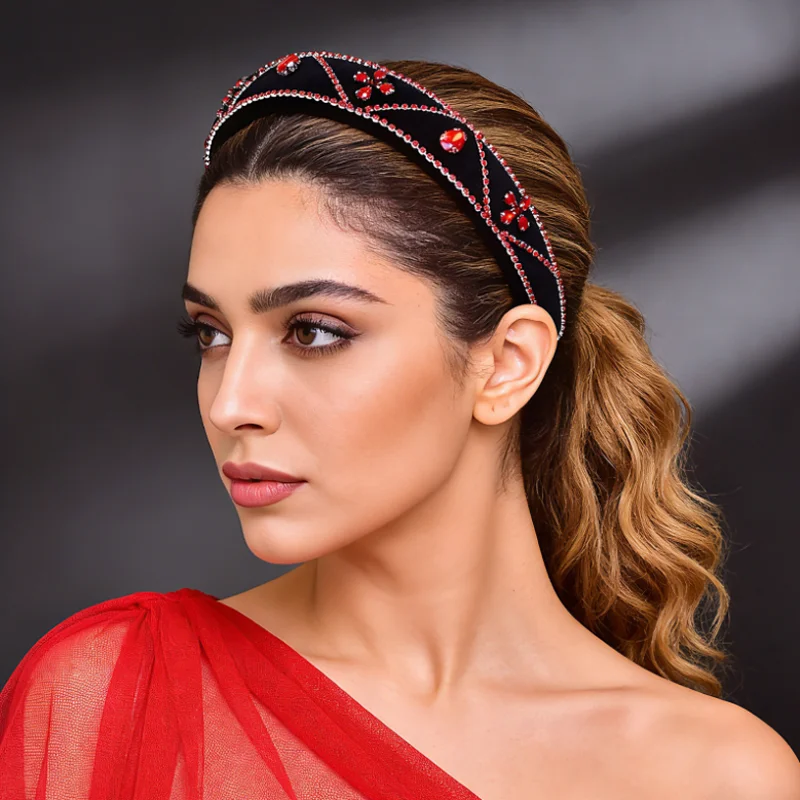 Sexy Red Diamond Velvet Headband Hair Bands for Women Bride Wedding Party Hairbands Headwear Ladies Hair Accessories Jewelry