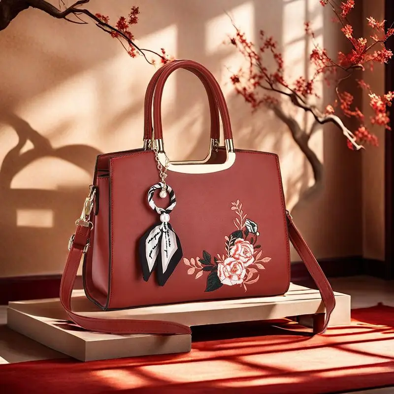Green Beige Black Red Flower Chinese Embroidery Floral Handbag Large Capacity Shoulder Bag Purse Commute PU Leather For Women