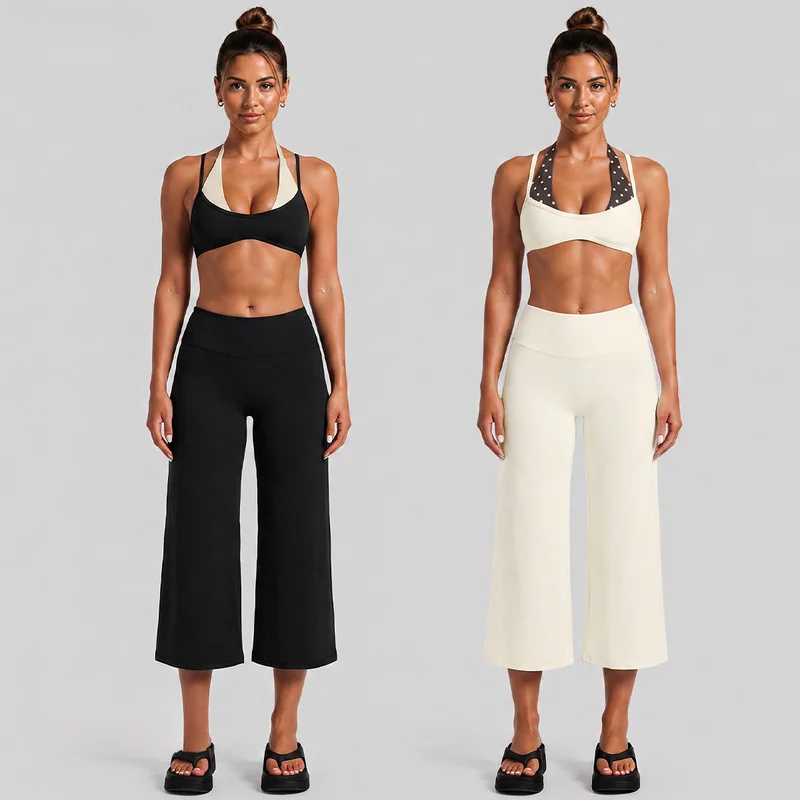 Women 2 Pcs Yoga Set Halter Neck Polka Dot Faux Two Piece Sports Bra High Waist Wide Leg Capri Pants Casual Fitness Activewear