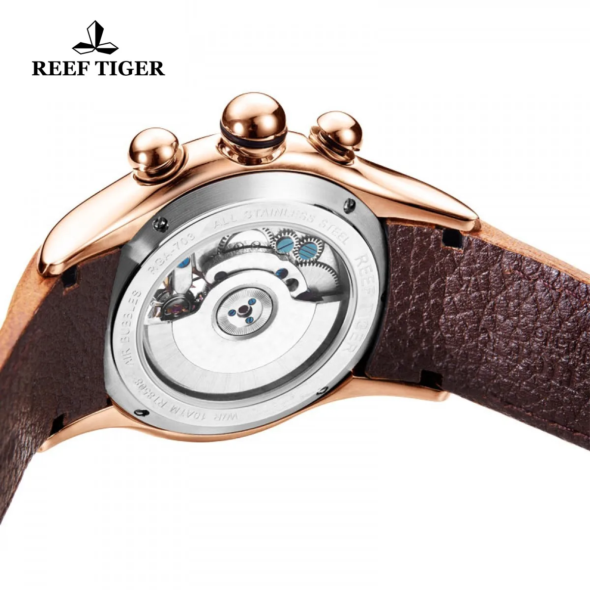 Reef Tiger Men Automatic Watch 44mm Mechanical Wristwatch 50M Waterproof Luminous Bubble Mirror Multi-Dial Month Week Date