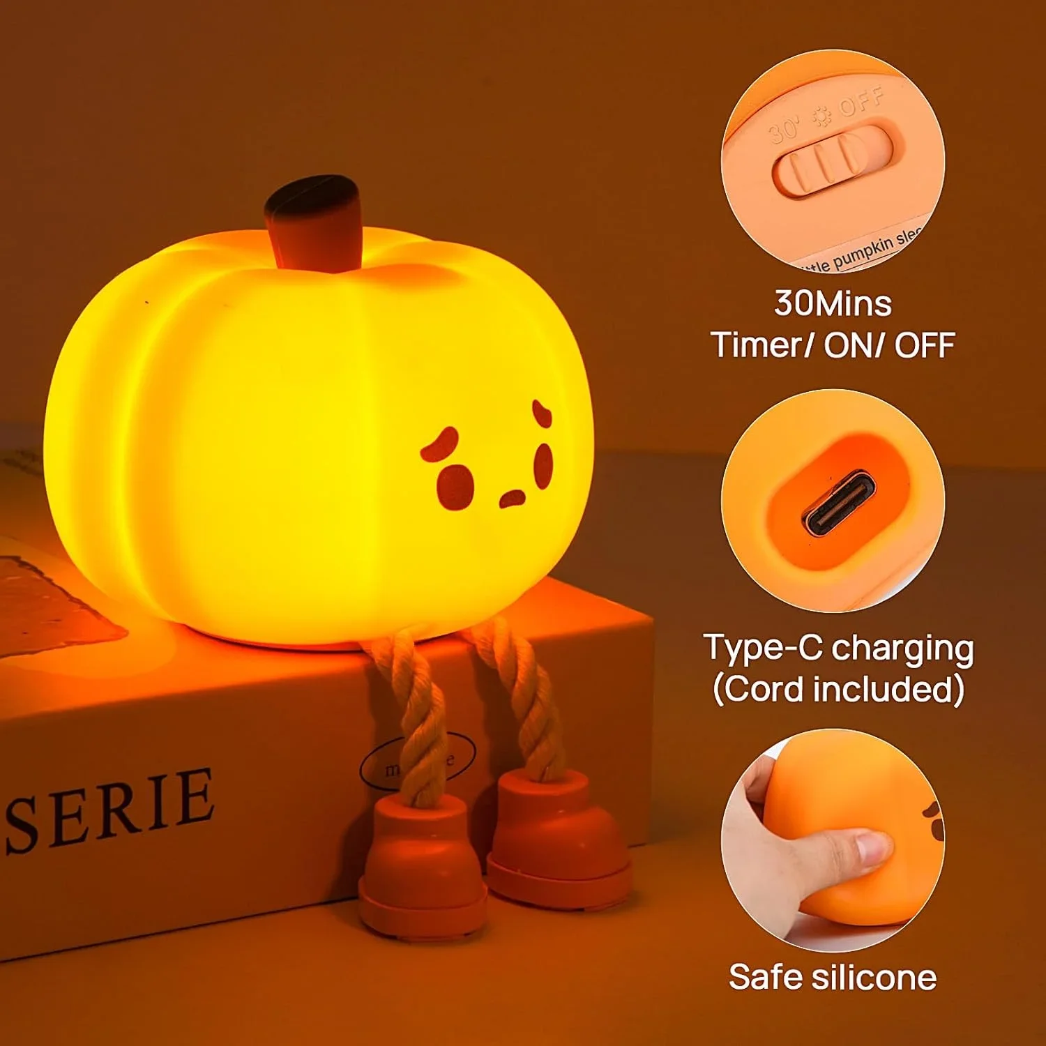Halloween Hanging Decorations Cute LED Pumpkin Lamps With Rope 3 Level Dimmable USB Hanging Silicone Touch Lamp for Woman & Kid