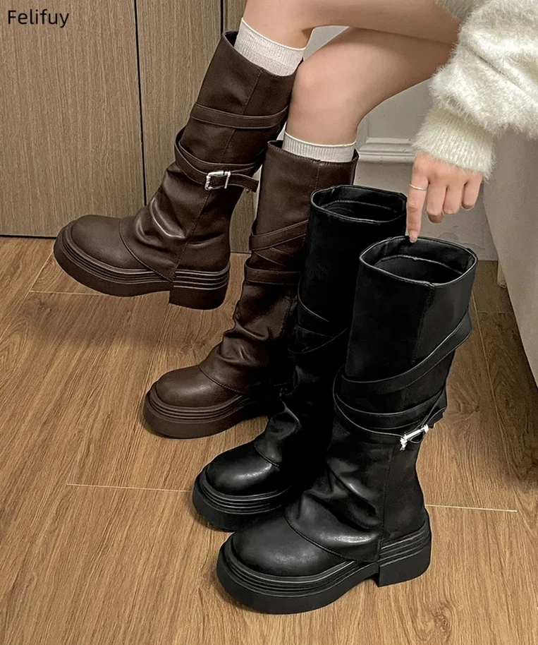 Trend Women Boots Luxury Vintage Thick Heel Knight Long Boots Slip on Knee High Boots Women Autumn Winter Platform Shoes Zapatos