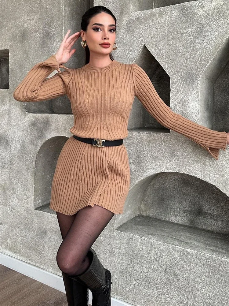 Dress Mini Sweater rajut wanita, pakaian rajut perca bergaris lengan panjang pinggang tinggi longgar