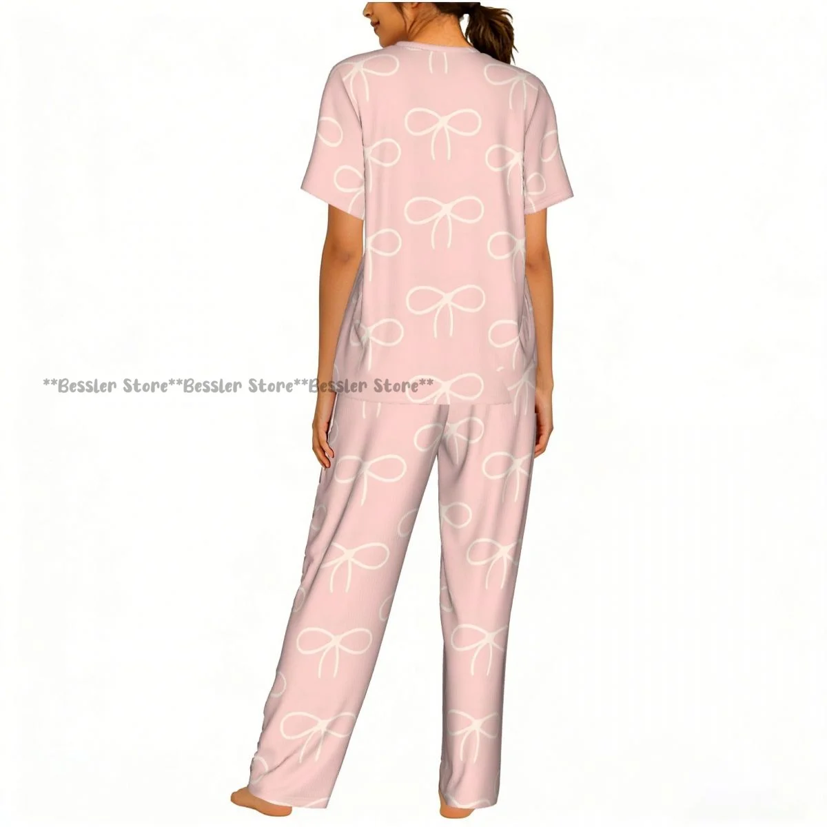 Women's 2-piece set Cute Pink Tones With Bows Pajamas Short sleeved Top and Pants Sleepwear - view 4