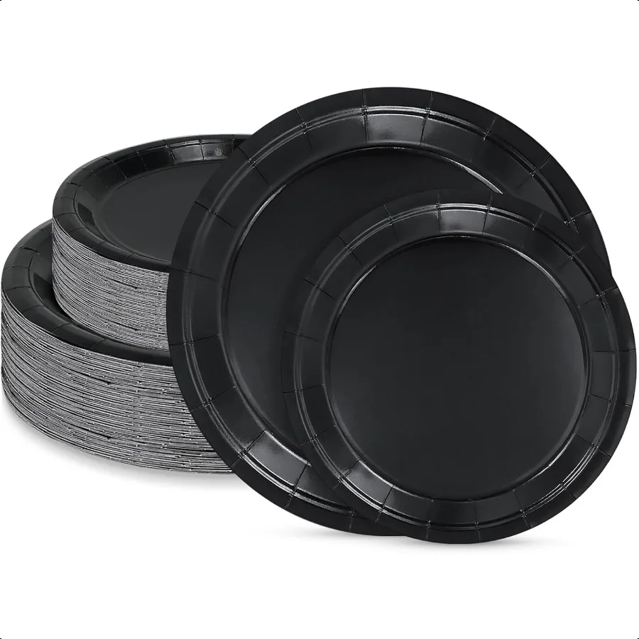 

100 шт. черные бумажные тарелки 25 шт. 9 дюймов и 25 шт. 7-дюймовые тарелки для Хэллоуина для Дня святого Валентина, чаепития, детского душа, дня рождения