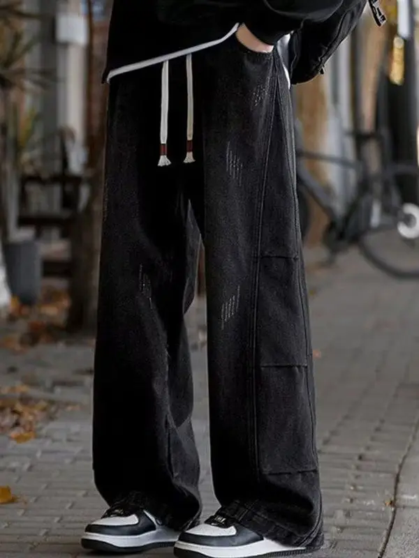 

Men's Casual Wide Leg Jeans Black Knife Loose Straight Denim Spring Autumn High Street Fashion Urban Retro Drawstring De...