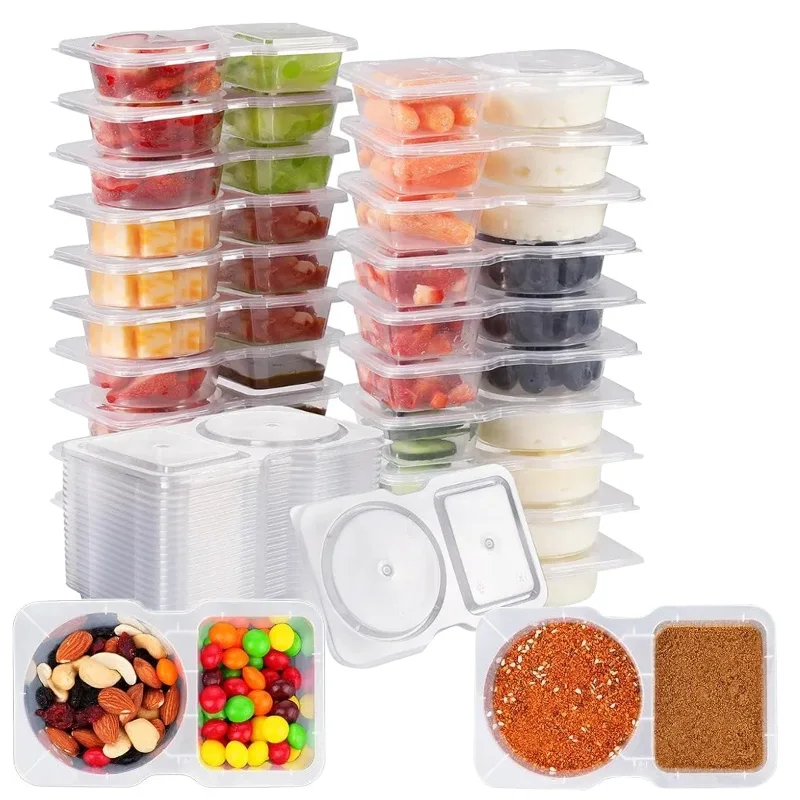 Caja de embalaje de salsa transparente, contenedor de condimentos portátil de doble compartimento, adecuado para pícnics diarios al aire libre, 10/20/40 Uds.