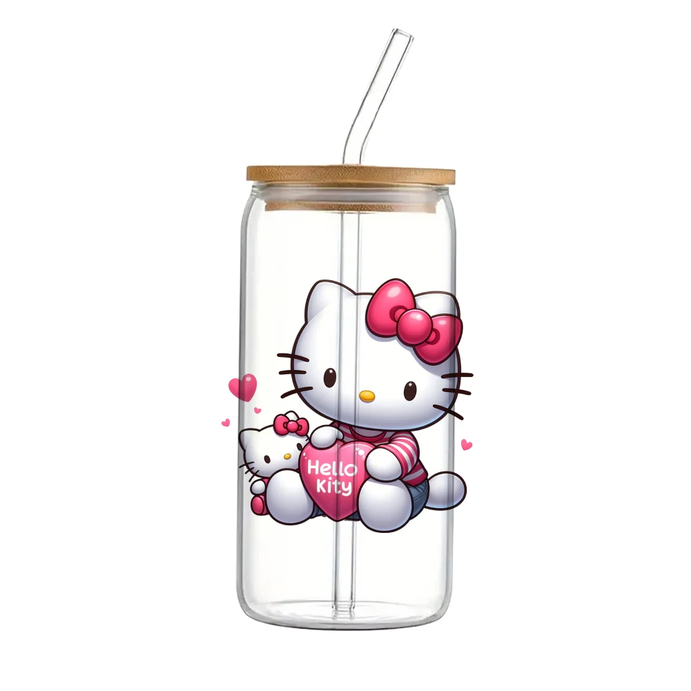 Pink cute Sanrio Hello Kitty For Libbey 16oz Can Glass 3D Waterproof UV DTF Coffee Can Wrap Libbey Glass Wrap 11x11cm