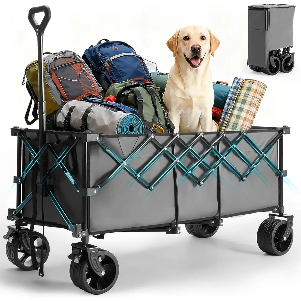 

49''L Collapsible Extended Wagon with 440LBS acity, Heavy Duty Wagons Garden Cart with All-Terrain Big Wheels & Drink Holders, 2
