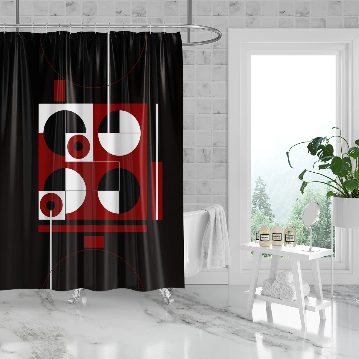 180x180cm bathroom waterproof polyester shower curtain, mold resistant, perforated with hooks, red and white block printing