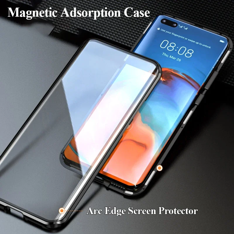 Double Sided Glass Magnetic Case For Huawei P40 P40Lite P40Pro P30 P30Pro P30Lite Metal Case For Huawei P40 Lite E Mate 30 Cover