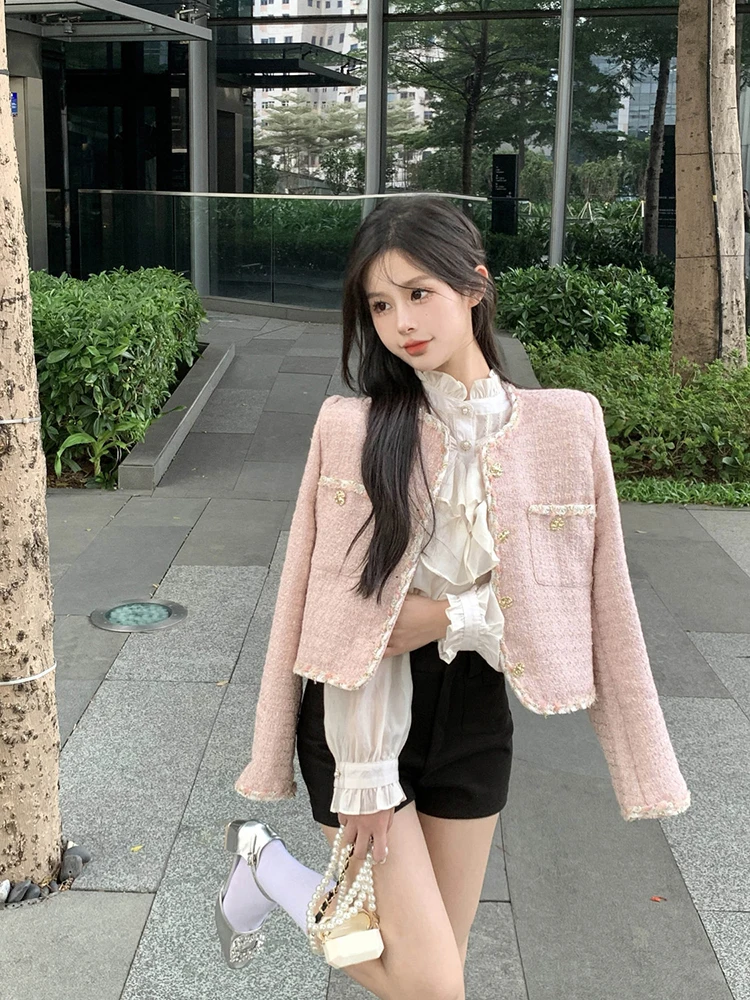 Spring Tweed Crop Jacket for Women Korean Loose Single Breasted O Neck Coat Y2K Luxury Office Lady Long Sleeve Blended Outerwear