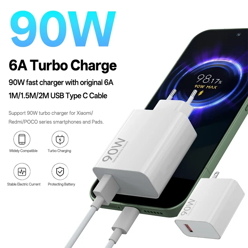 Xiaomi 90W  Fast Turbo Charging EU/US Wall Power Adapter 6A Type C Cable For Mi 15 14 13 Ultra Pro POCO X7 X6 Pro Redmi K70E