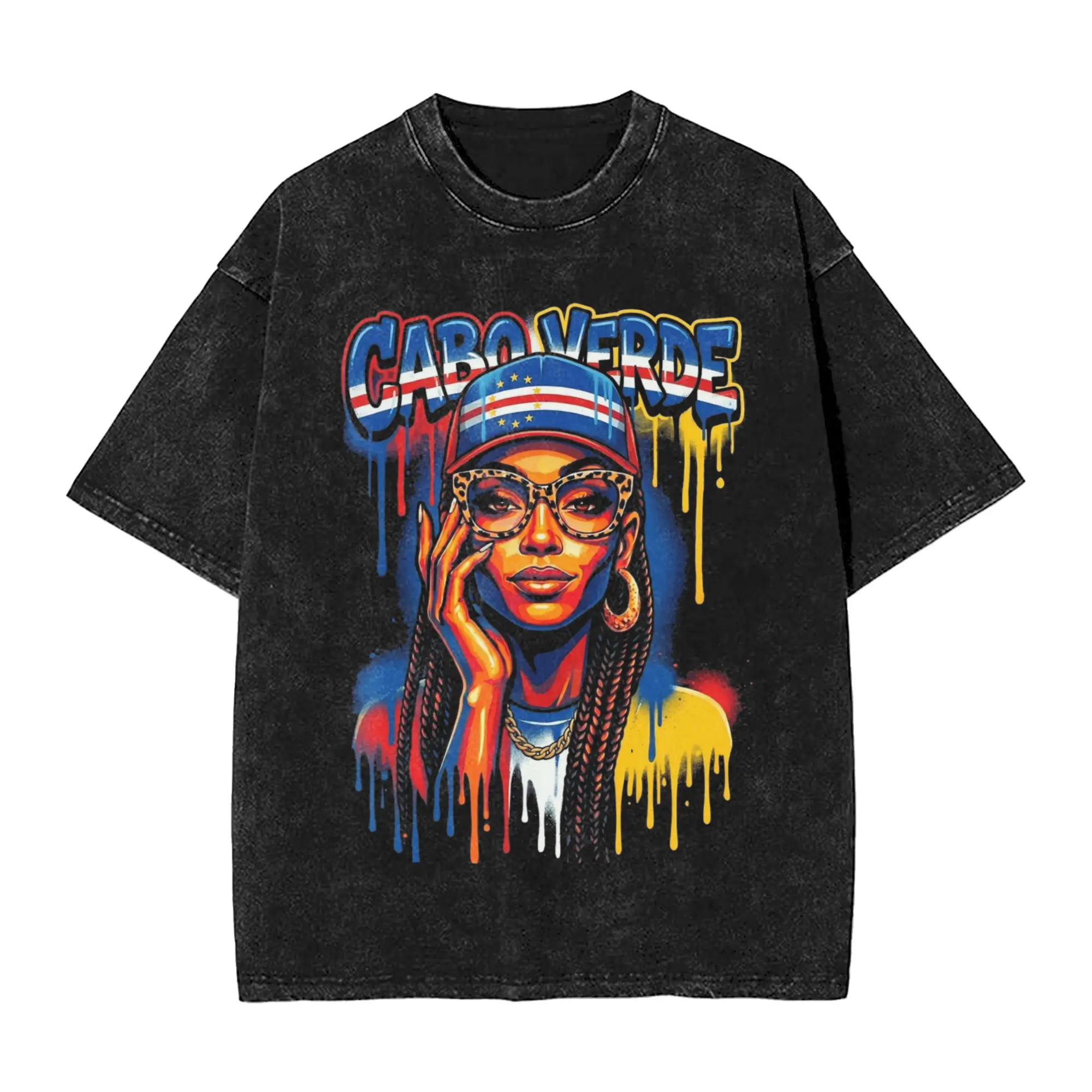 Cape Verde Flag Melanin Washed T-Shirt Men  Y2K Retro Casual T-Shirts Summer Round Neck Harajuku Tees Print Oversized Clothing