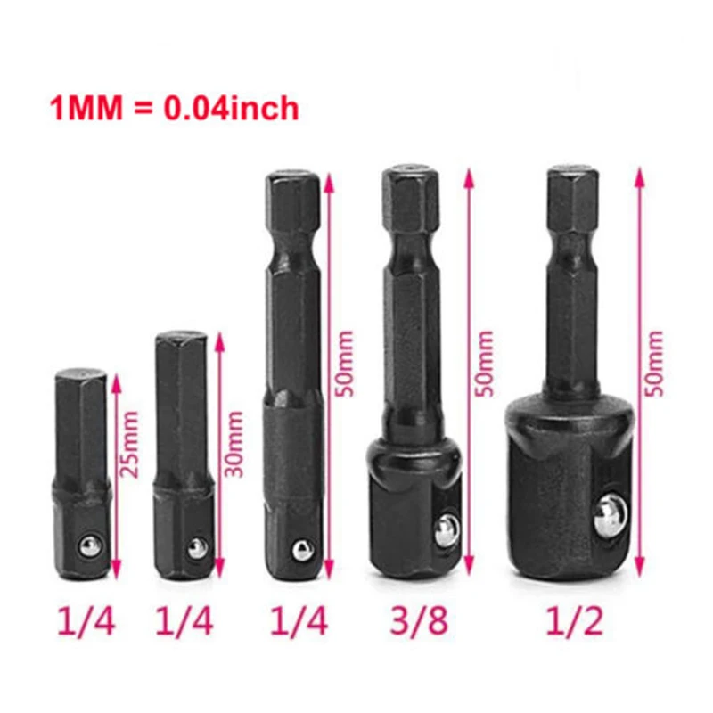 5Pcs Impacts Socket Adapter 1/4 3/8 1/2 Inch Nut Driver Sockets Hex Shank Extension For Screwdriver Drills Handle Tools