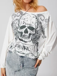 Halloween Women Long Sleeve Oversized T Shirts for Women Casual Skull Bone Print Slant Shoulder Long Sleeve Oversized T-Shirt