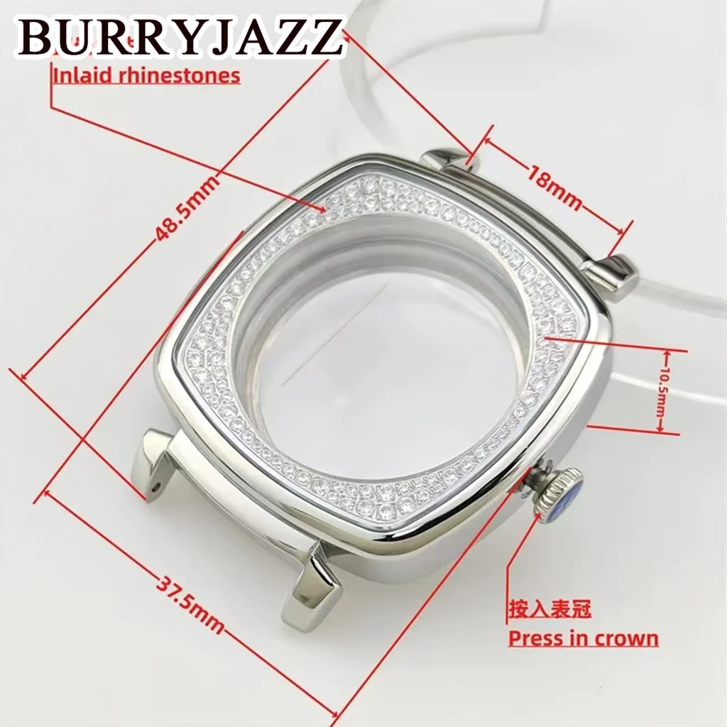 BURRYJAZZ 실버 로즈골드 NH35 케이스, S7239M 기계식 시계, NH38 크로노그래프 시계, NH36 수정 다이아몬드 스터드 PP 케이스, 37.5mm