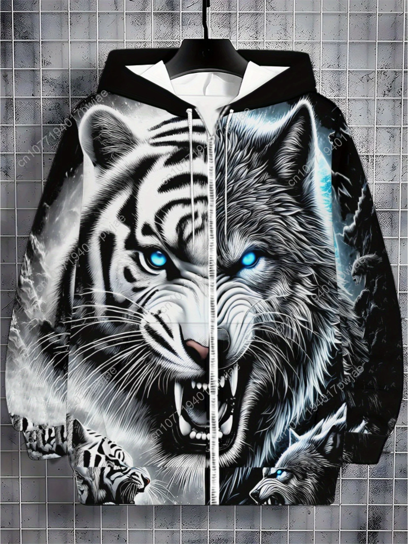 Gorra deportiva de manga larga con cremallera para hombre, sudadera con capucha con estampado de tigre para actividades al aire libre, tela de poliéster duradera, color blanco y negro