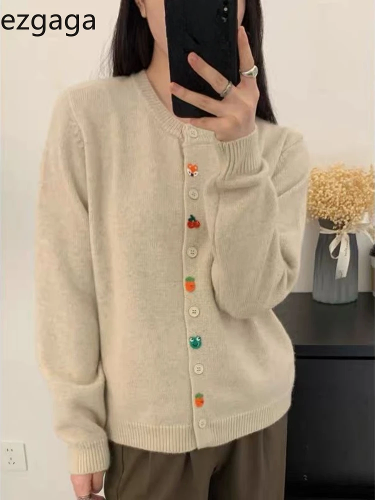 Ezgaga Knitted Cardigan Women Embroidery O Neck Single Breasted Sweet Elegant Loose Outwear Sweater Fashion Casual Female