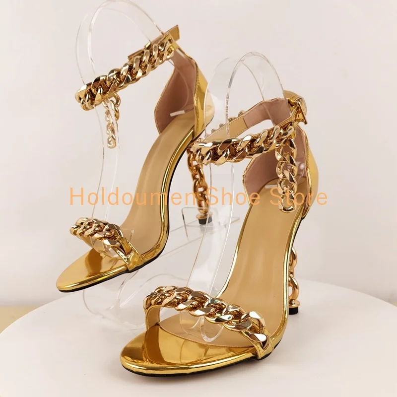 

Sexy Peep Toe Gold Metal Chain One Strap Modern Sandals Hollow Buckles Twist Strange Heel Patent Leather Ankle Strap Sandals