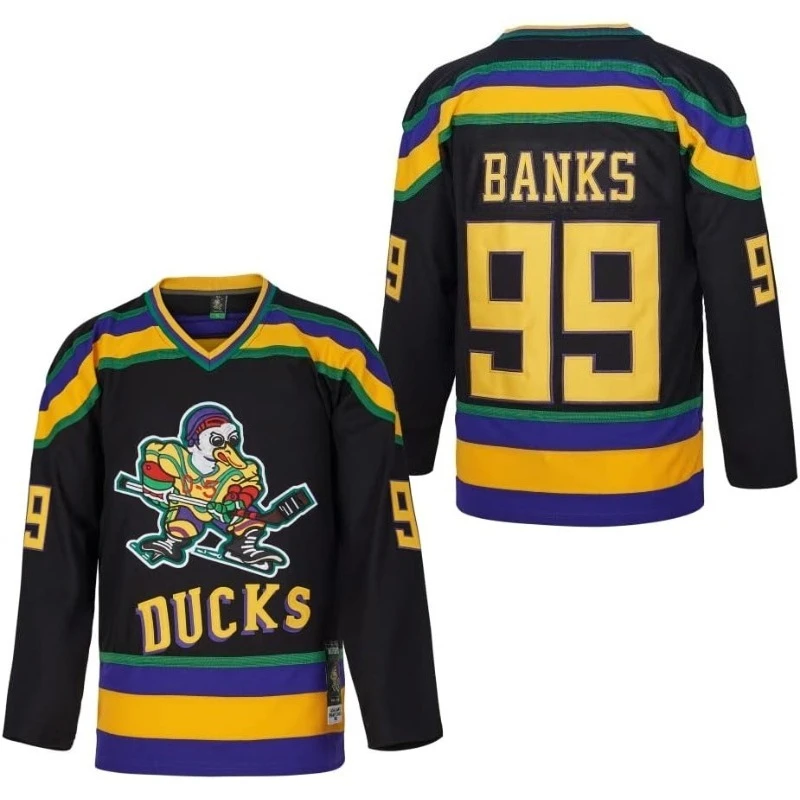 Ducks Inspired 99 Banks Ice Hockey Jersey 3D Print Long Sleeve V‑Neck Breathable Unisex Sports Fan Top for Adults Youth