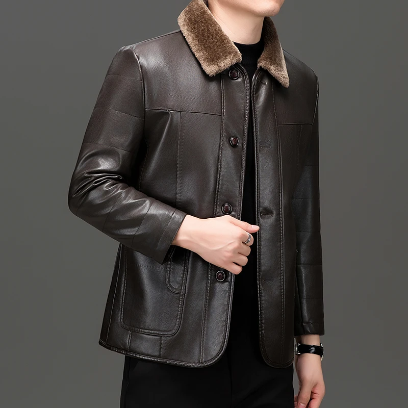 Winter Men PU Leather Jacket Soft Fleece Lining Thermal Coat Bussiness Casual Thermal Faux Leather Outerwear Effortless Menswear