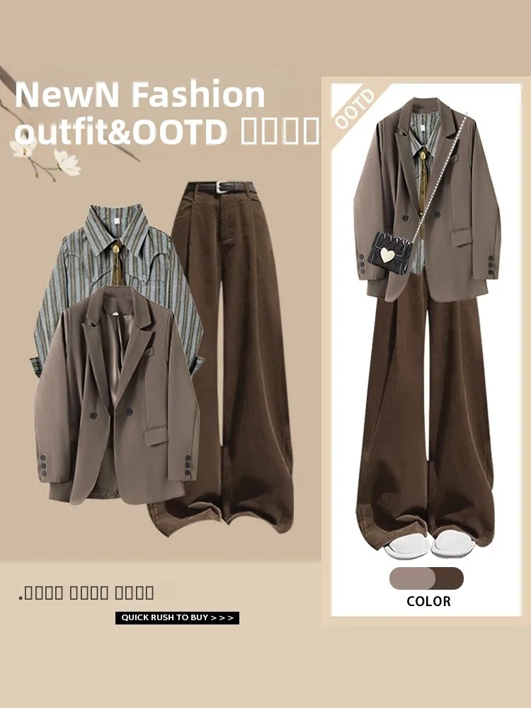 

Fashionable Casual Women's Suit Jacket Spring Striped Design Tie Shirt Straight Leg Casual Pants Three Piece Set Polyester Fiber