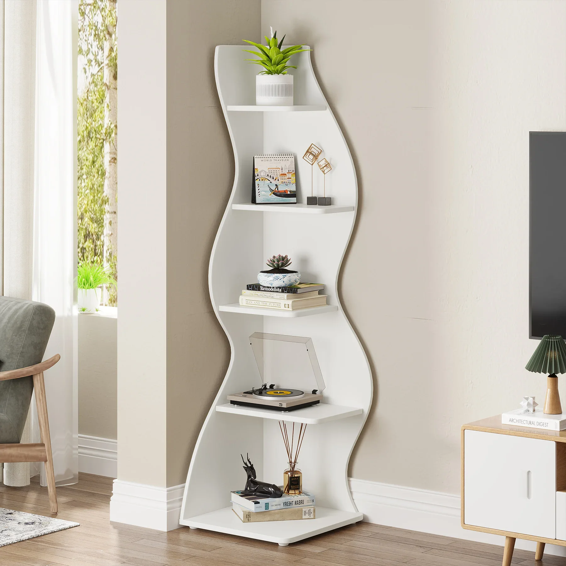 Corner Shelf, Modern 5-Tier Wall Corner Bookshelf, Stylish Corner Small Bookcase Storage Rack Plant Stand