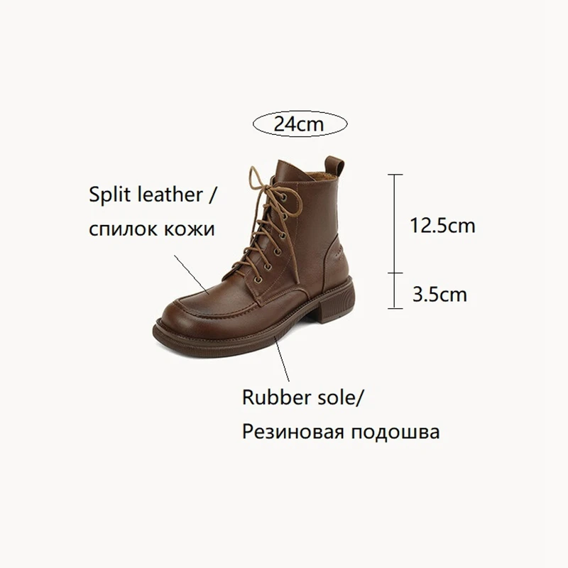 NEW Fall Shoes Women Split Leather Boots Round Toe Chunky Heel Women Shoes Winter Solid Lace-up Ankle Boots Western Boots Women