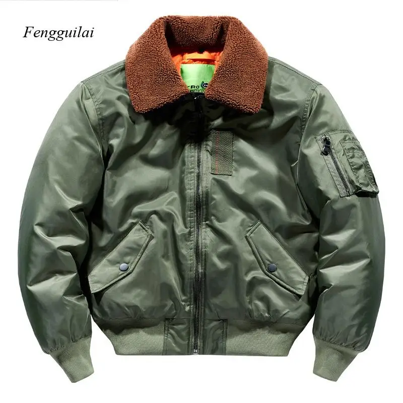 Autumn Winter Men's Bomber Jacket with Lamb Wool Collar Warm Cotton Padded Coat Retro Military Green Casual Jacket