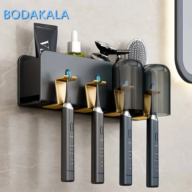 Wall Mounted Punch-free Aluminum Electric Toothbrush Holder No-Drill Toothpaste Dispenser Cup Storage Rack Bathroom Accessories