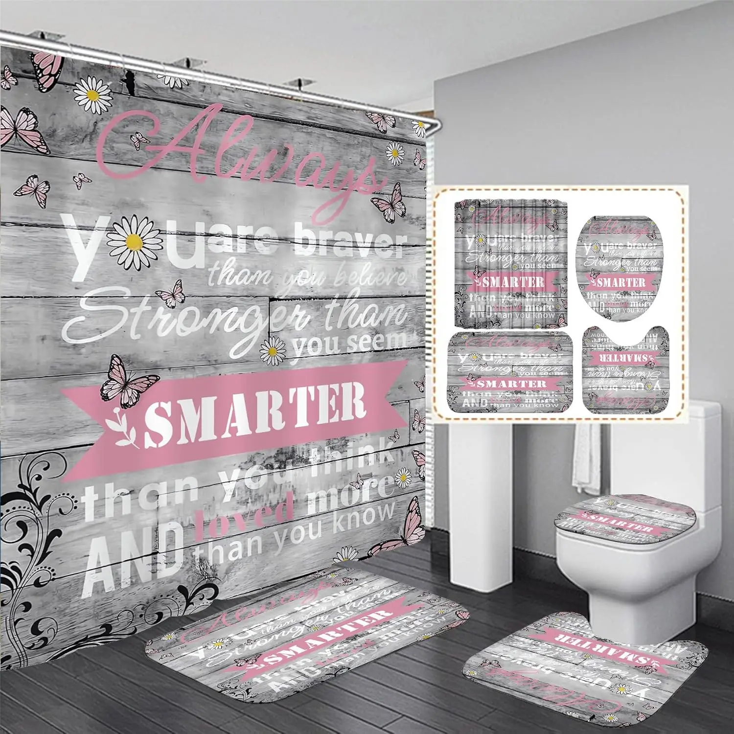 

4-Piece Floral Bathroom Decor Set with Inspirational Quotes Shower Curtain, Rugs, and Accessories