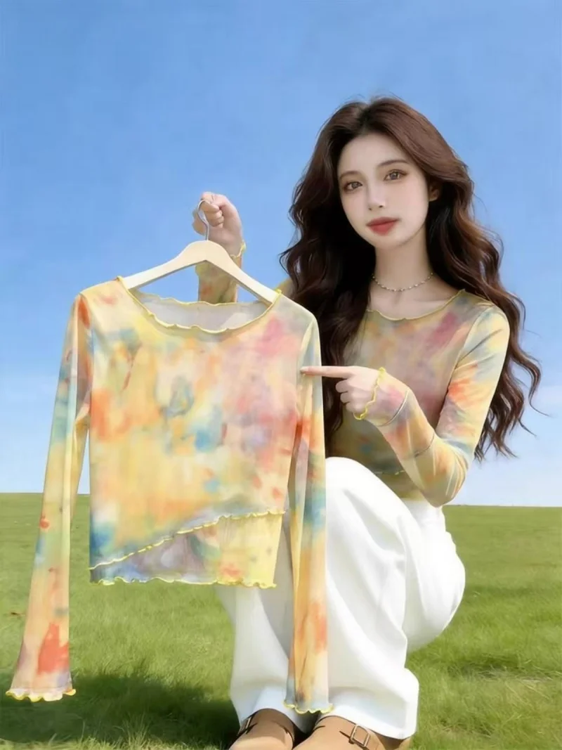 

Summer New Style Tie Dye Print Long Sleeve Mesh T-Shirt Women's Thin Sun Protection Top Double Layered Netting Commute Korean...