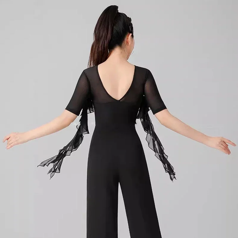

Latin Dance Tops 2025 New Women's Ballroom Shirts V-neck Ruffled Modern Waltz Dance Practice Clothes Black Yellow