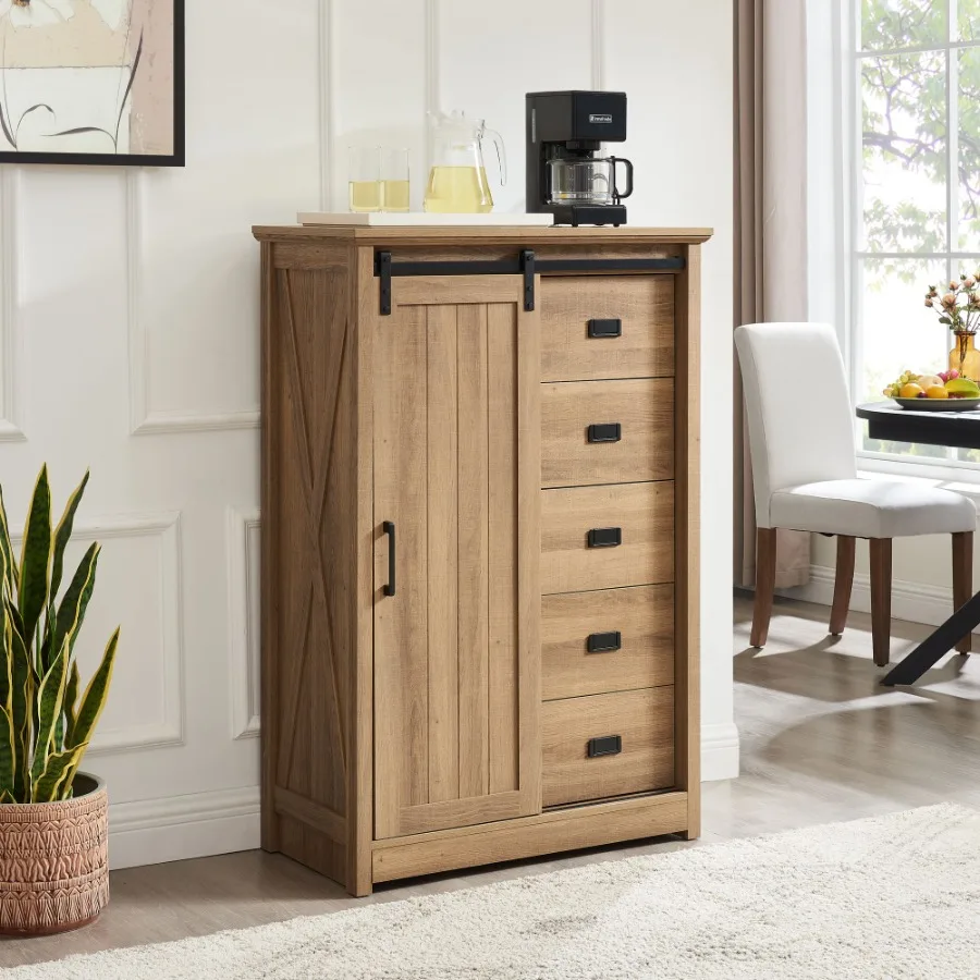 

5 Drawers Dresser w Sliding Barn Door Farmhouse Modern Tall Dresser 5 Chest of Drawers Storage Organizer Dresser for Bedroom Ha