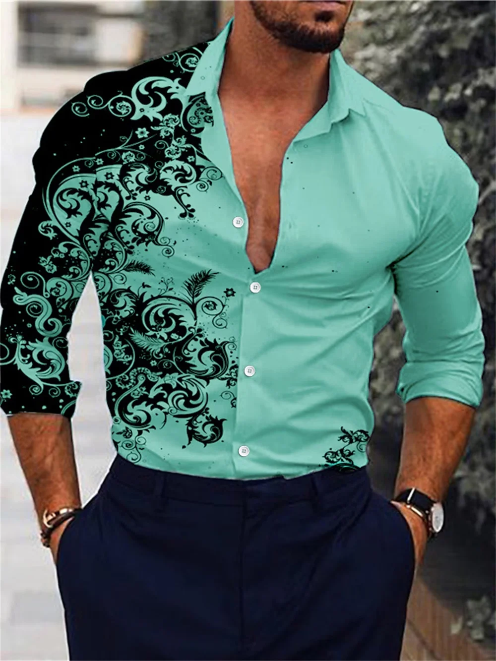 2024 New Spring/Summer Men's Long sleeved Shirt Casual Slim Fit Men's 3D Printed Flip Collar Single breasted Shirt S-6XL