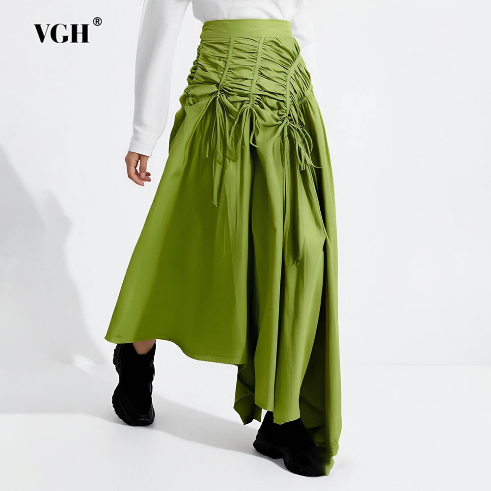 

VGH Designer Slimming Solid Skirts For Women High Waist Irregular Hemline Temperament Folds Long Skirt Female Fashion Style New