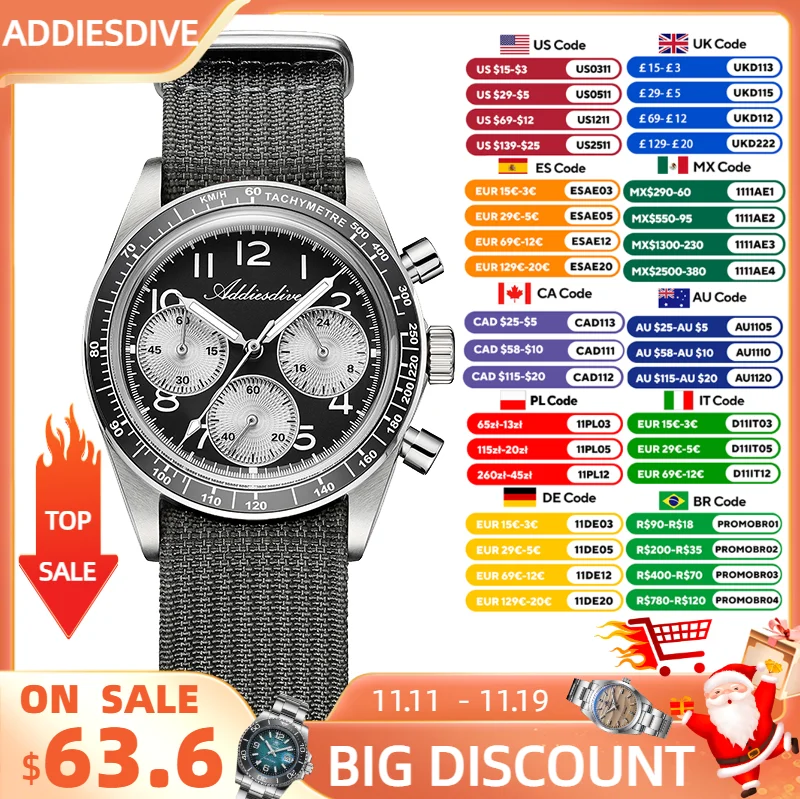 ساعة رجالية جديدة من Addiesdive بإطار سيراميك وزجاج مقبب فاخر ياباني VK63 كرونوغراف كوارتز ساعة يد 100 متر مقاومة للماء BGW9 مضيئة #1