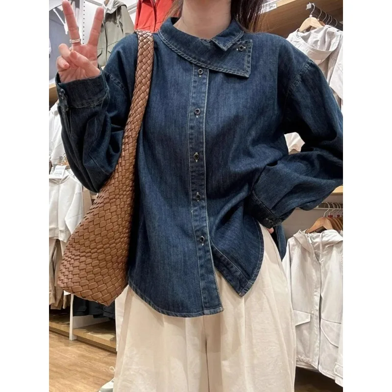 

Women's Denim Korean Style Blue Cross Collar Design Loose Long Sleeve Shirt Lazy Style Top