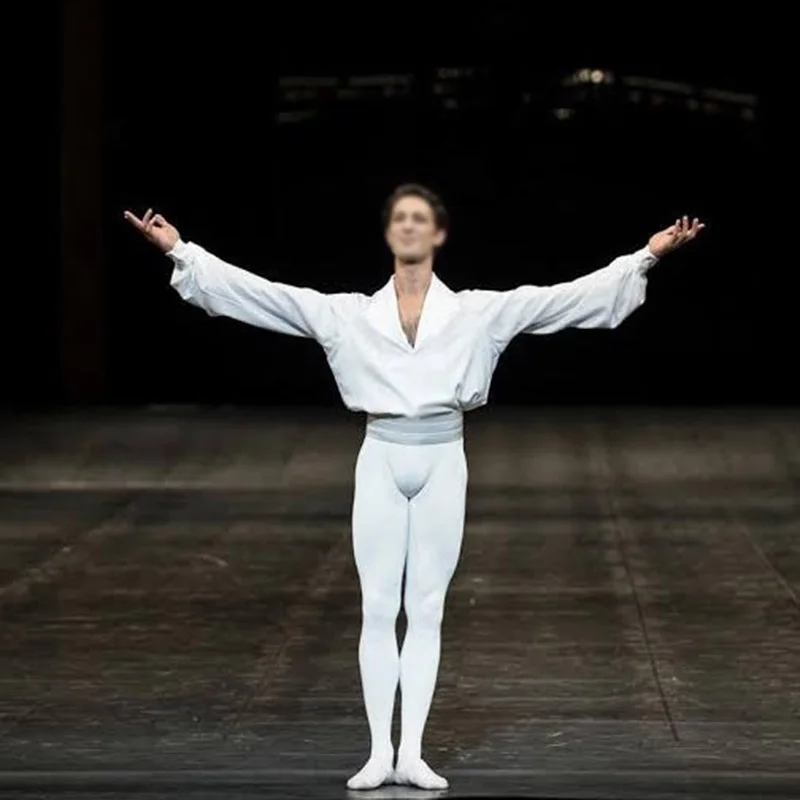 

Custom Made Man White Ballet Jacket With Belt V-neck Big Sleeves,Paris Opera Ballet Dance Clothes For Competition
