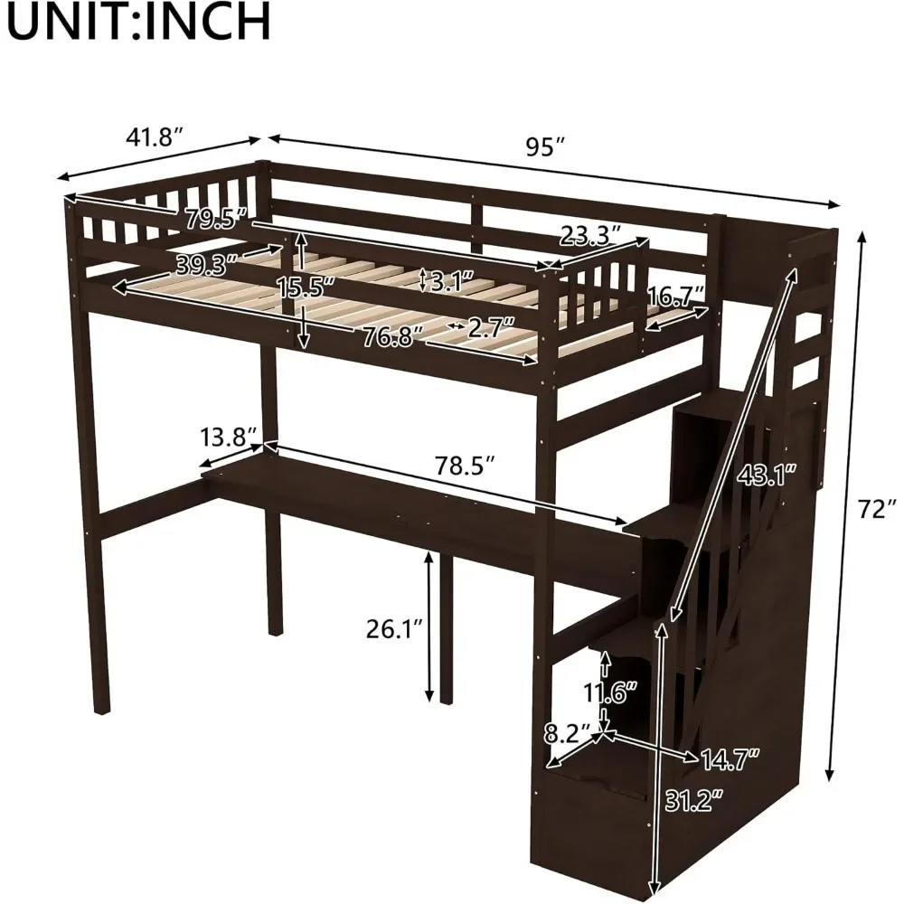 Twin Size Loft Bed with Stairs and Desk, Solid Wood Loft Bed with Staircase and Storage, Stairway High Loft Bed Frame images - 6