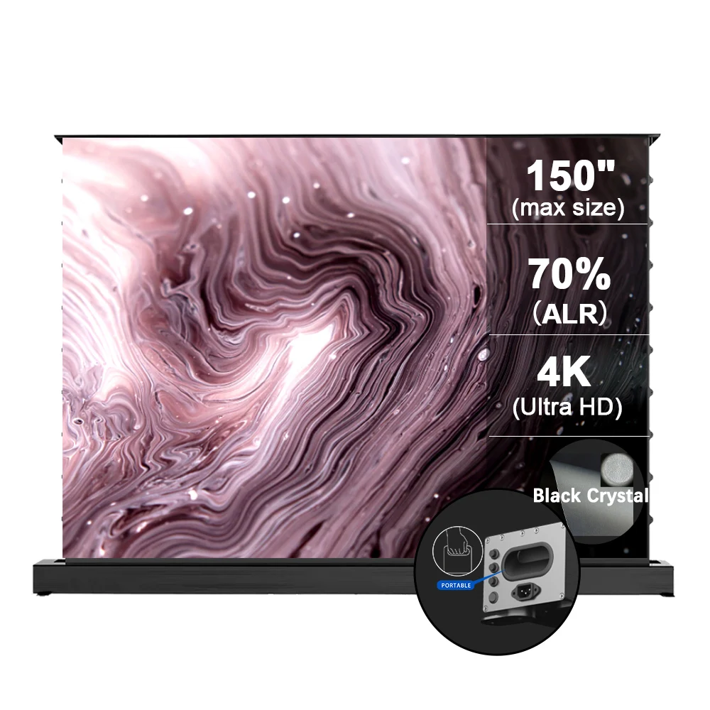 Hot Selling Wupro/ODM 70-150 Inch Black Crystal Lifting Up Screen ALR/CLR PET Soft Electric Motorized 4K Floor Rising Screen