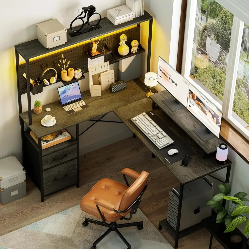 

L Shaped Desk with Pegboard, Reversible Computer Desk with Drawers & Storage Shelves, Gaming Desk with LED Lights& Power Outlets